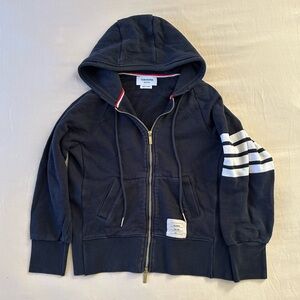 Thom Browne Navy Hoodie Jacket with White Sleeve Stripes